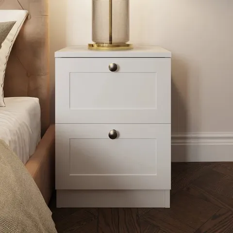 BOXED SHABRIE SHAKER 2 DRAWER BEDSIDE TABLE NIGHT STAND - MATT WHITE (1 BOX)