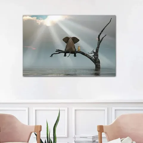 FRAMELESS CANVAS PRINT ELEPHANT & DOG SITTING ON A TREE BRANCH