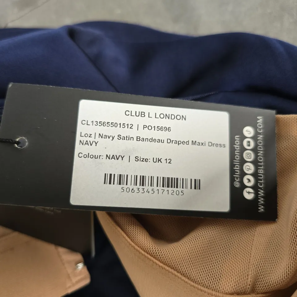 CLUB L LONDON NAVY SATIN BANDEAU DRAPED MAXI DRESS – UK 12