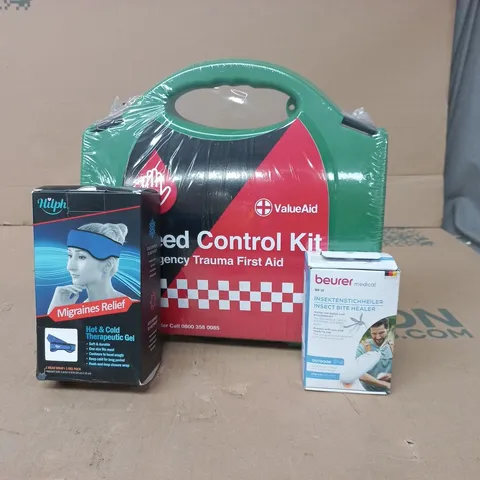 TOTE OF APPROXIMATELY 15 ASSORTED ITEMS TO INCLUDE EMERGENCY TRAUMA FIRST AID KIT, HOT AND COLD MIGRAINE RELIEF, INSECT BITE HEALER ETC