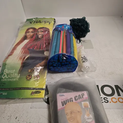 TOTE OF APPROXIMATELY 10 ASSORTED ITEMS INCLUDING A BLACK WIG, HIGH BARNET INSTANT VOLUME TONIC AND A BOOTS EVERYDAY POLISHER