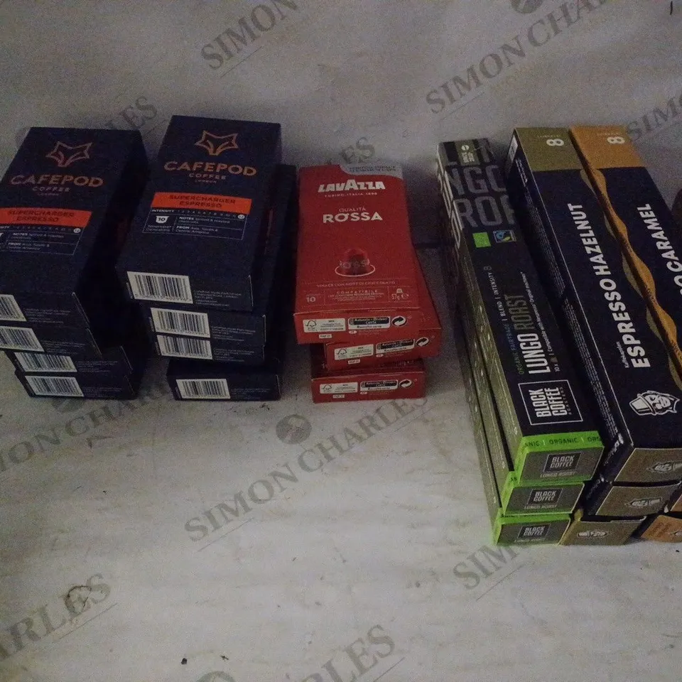 GROUP OF 20 ASSORTED COFFEE POD BOXES FOR NESPRESSO MACHINES TO INCLUDE KAFFEKAPSLEN, CAFEPOD, LAVAZZA ETC