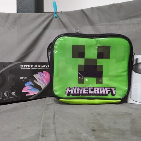 BOX OF APPROXIMATELY 20 ASSORTED HOUSEHOLD ITEMS TO INCLUDE NITRILE GLOVES, MINECRAFT BAG, GLASS BOTTLE, ETC - COLLECTION ONLY