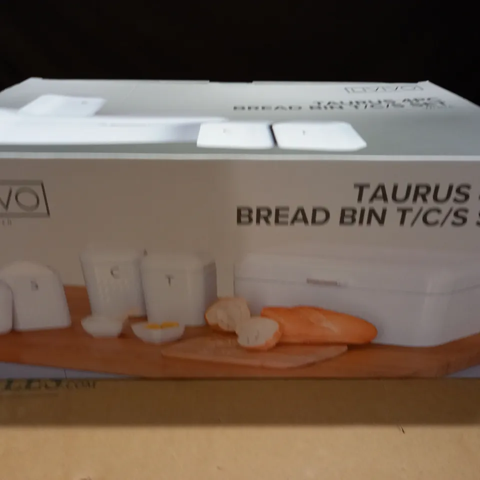 BOXED LIVIVO WHITE TAURUS 4-PIECE BREAD BIN & TEA, COFFEE, SUGAR SET
