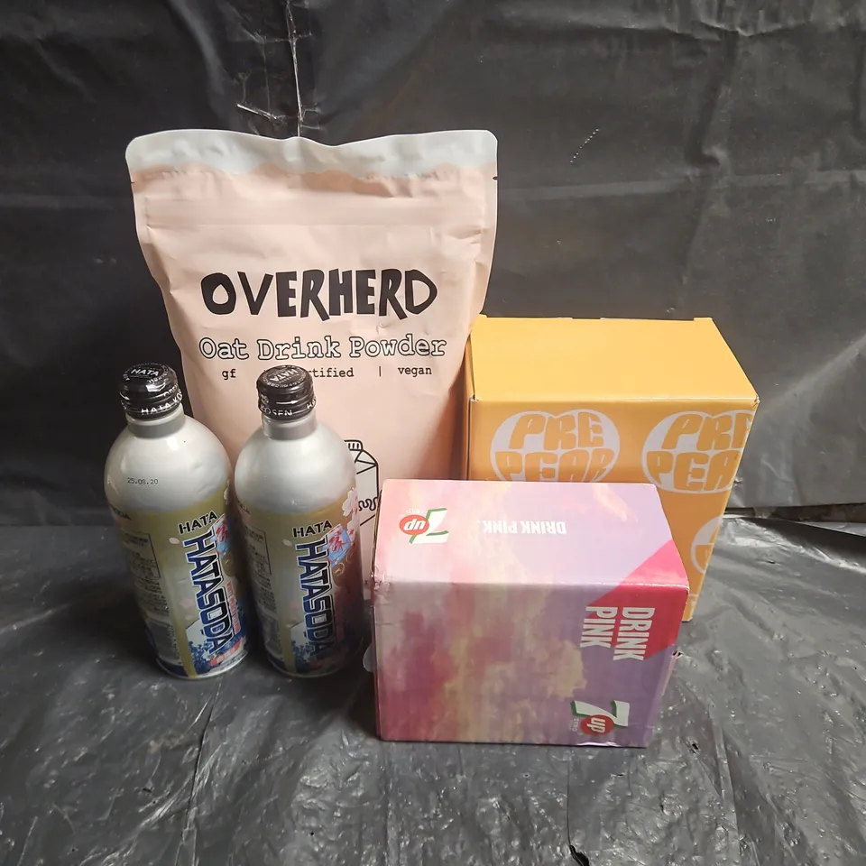 APPROXIMATELY 8 ASSORTED FOOD ITEMS TO INCLUDE - PREPEAR KOREAN PEAR JUICE - OVERHERD OAT DRINK POWDER - HATASODA WHITE PEACH - ETC