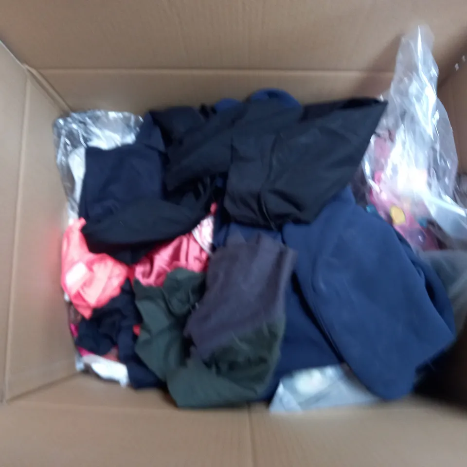 LARGE QAUNTIITY OF ASSORTED CLOTHES IN VARIOUS COLORS AND SIZES TO INCUDED DRESSES, T-SHIRTS AND TROUSERS