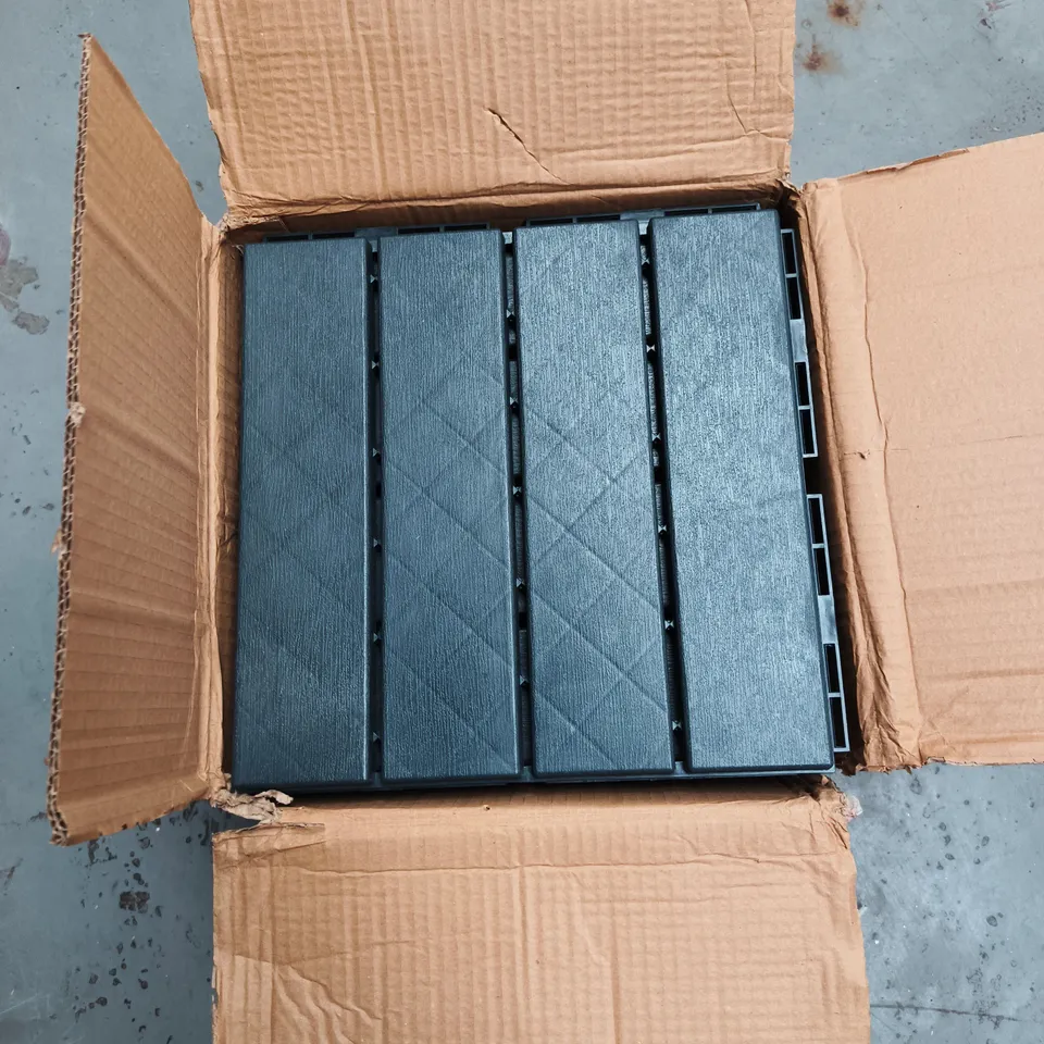 BOX OF APPROXIMATELY 15 DARK GREY INTERLOCKING TILES FOR DECKING/FLOORING (SIZE 33 X 33 CM APPROX)