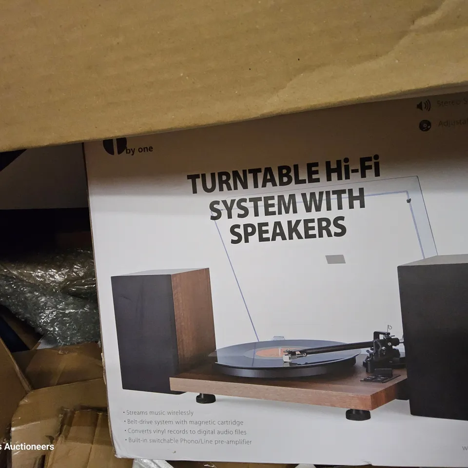 PALLET OF ASSORTED ITEMS TO INCLUDE, TURNTABLE & SPEAKERS, INTERACTIVE TALKING MAP, PULL UP BAR, 