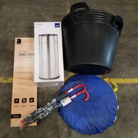 PALLET CONTAINING ASSORTED PRODUCTS INCLUDING 5-TIER SHIE RACK, UMBRELLA STAND, POP UP TENT, MULTIPURPOSE FLEXIBLE BUCKETS & KIDS UMBRELLAS