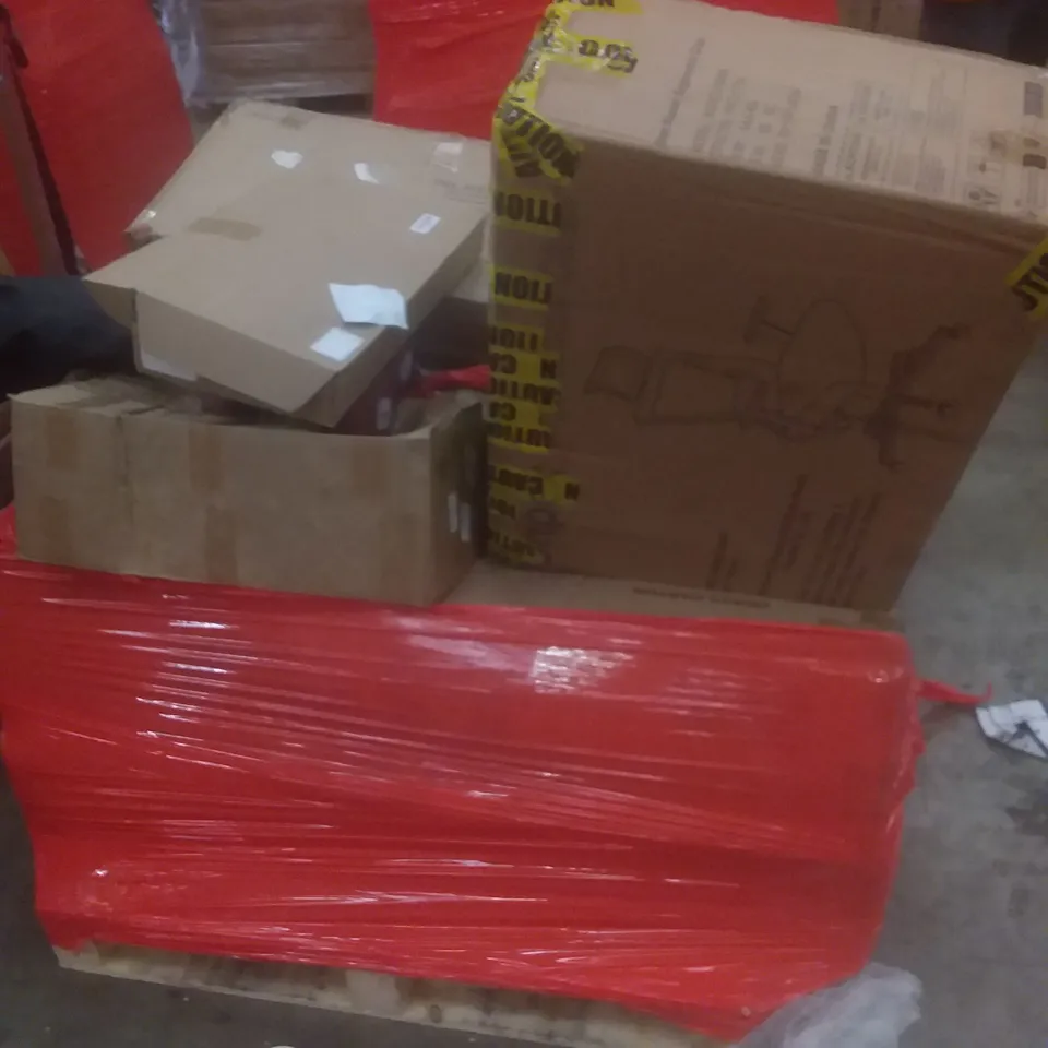 PALLET OF ASSORTED ITEMS INCLUDING KAYMAN DUMBBELLS, SHOWER FAUCET, OFFICE CHAIR