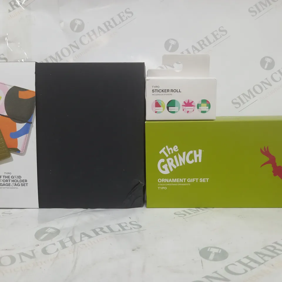 BOX OF APPROXIMATELY 40 ASSORTED HOUSEHOLD ITEMS TO INCLUDE THE GRINCH ORNAMENT GIFT SET, OFF THE GRID PASSPORT HOLDER & LUGGAGE TAG SET, ETC