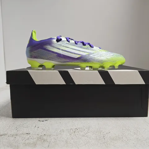 BOXED PAIR OF ADIDAS F50 PRO MG FOOTBALL BOOTS IN PURPLE/GREEN SIZE UK 9.5