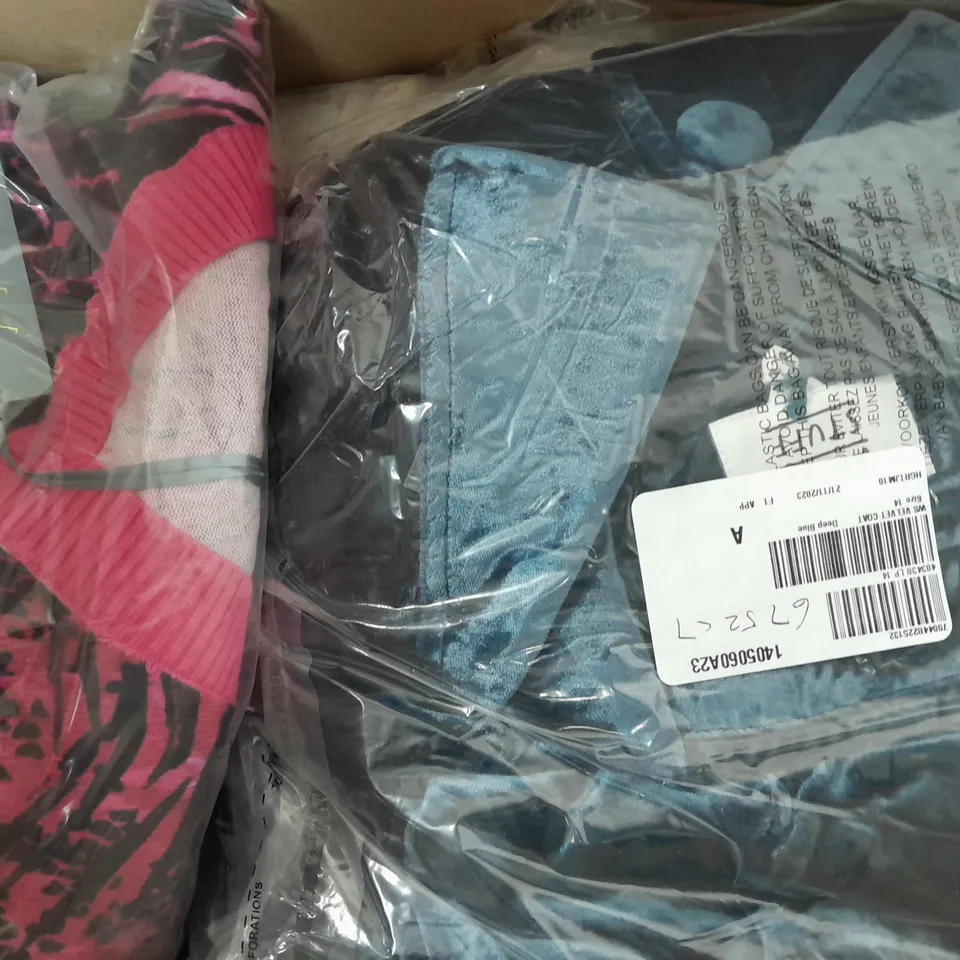 a box of 10 various clothing items to include a velvet navy jacket and a cotton white button up cardigan 