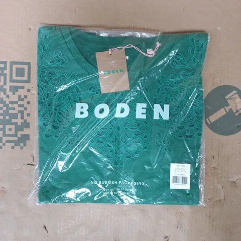 BAGGED BODEN WILLOW BRODERIE T-SHIRT IN GREEN SIZE UK 12