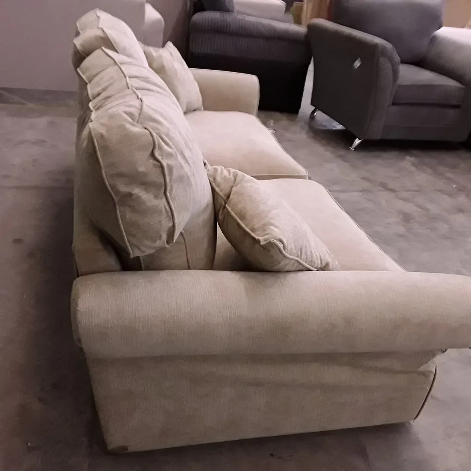 QUALITY DESIGNER WILLIAM HIGH BACK 3 SEATER SOFA - TAN FABRIC
