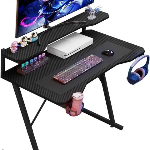 BOXED HOUSE OF HOME GAMING DESK WITH MONITOR STAND, 80CM LENGTH, CARBON FIBRE TOP ERGONOMIC COMPUTER DESK WITH CUP HOLDER