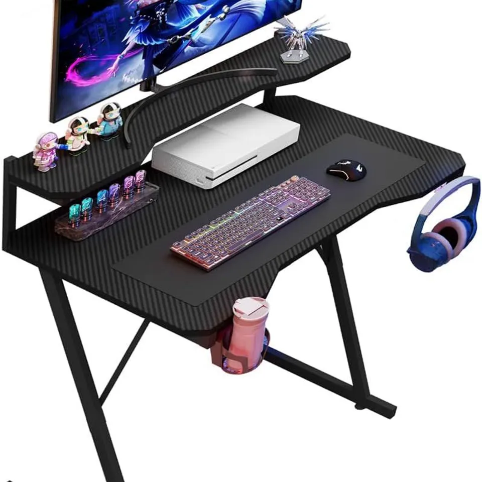 BOXED HOUSE OF HOME GAMING DESK WITH MONITOR STAND, 80CM LENGTH, CARBON FIBRE TOP ERGONOMIC COMPUTER DESK WITH CUP HOLDER