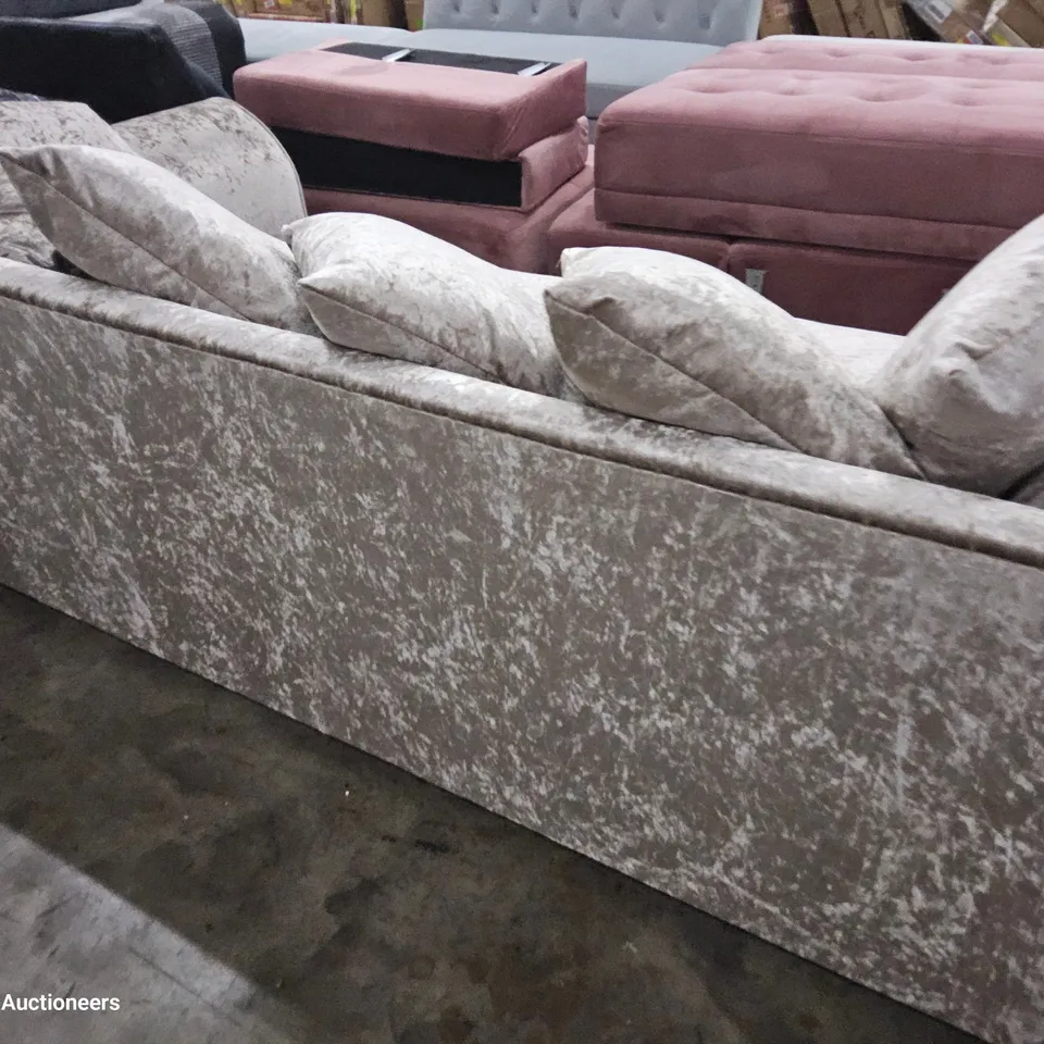 DESIGNER THREE SEATER SOFA WITH SCATTER CUSHIONS CRUSHED SILVER VELVET