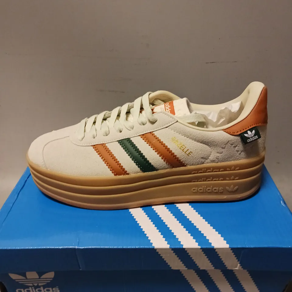 BOXED PAIR OF ADIDAS GAZELLE BOLD ORIGINALS TRAINERS, BEIGE/ORANGE/GREEN - UK SIZE 6.5