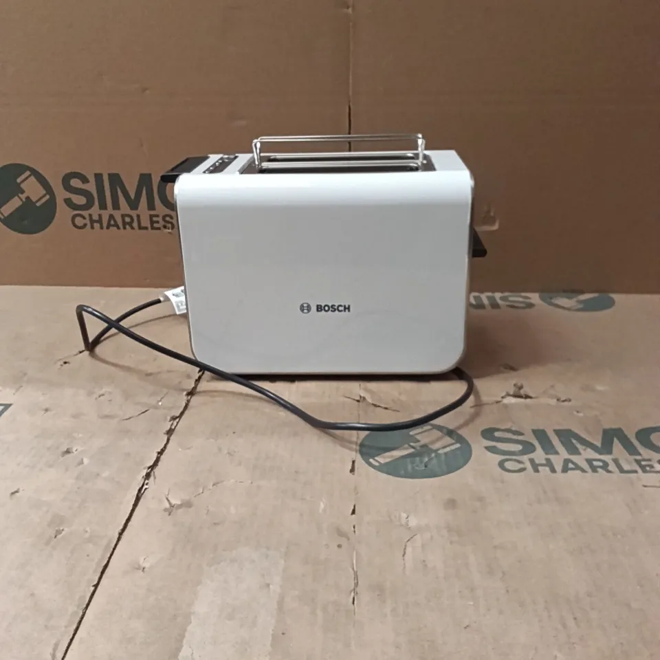 BOXED BOSCH STYLINE COMPACT 2 SLOT STAINLESS STEEL TOASTER, TAT8611NGB, WHITE | 9 BROWNING LEVELS, DIGITAL SETTINGS, MEMORY FUNCTIONS, REHEAT/DEFROST, AUTO SHUT-OFF, HIGH LIFT AND CRUMB TRAY