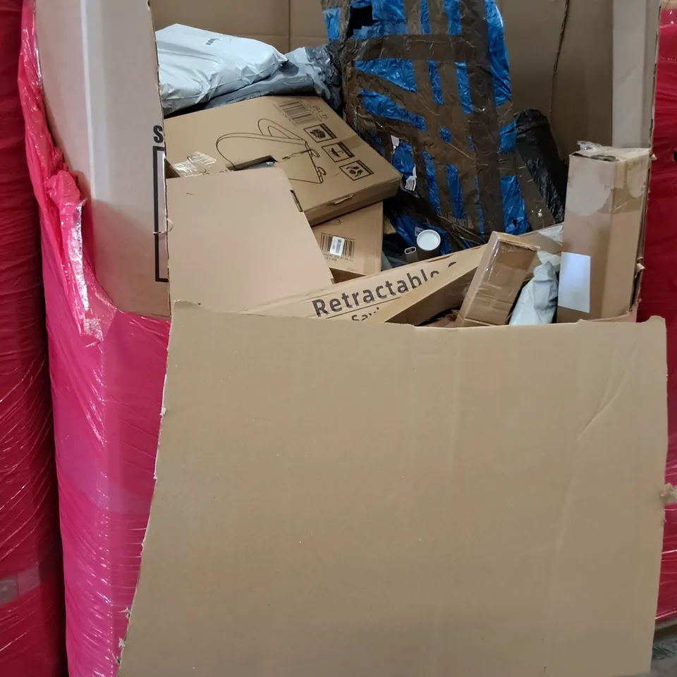 PALLET OF ASSORTED HOUSEHOLD ITEMS TO INCLUDE SAFETY PEN, POLE DEFENDER AND CEILING FAN