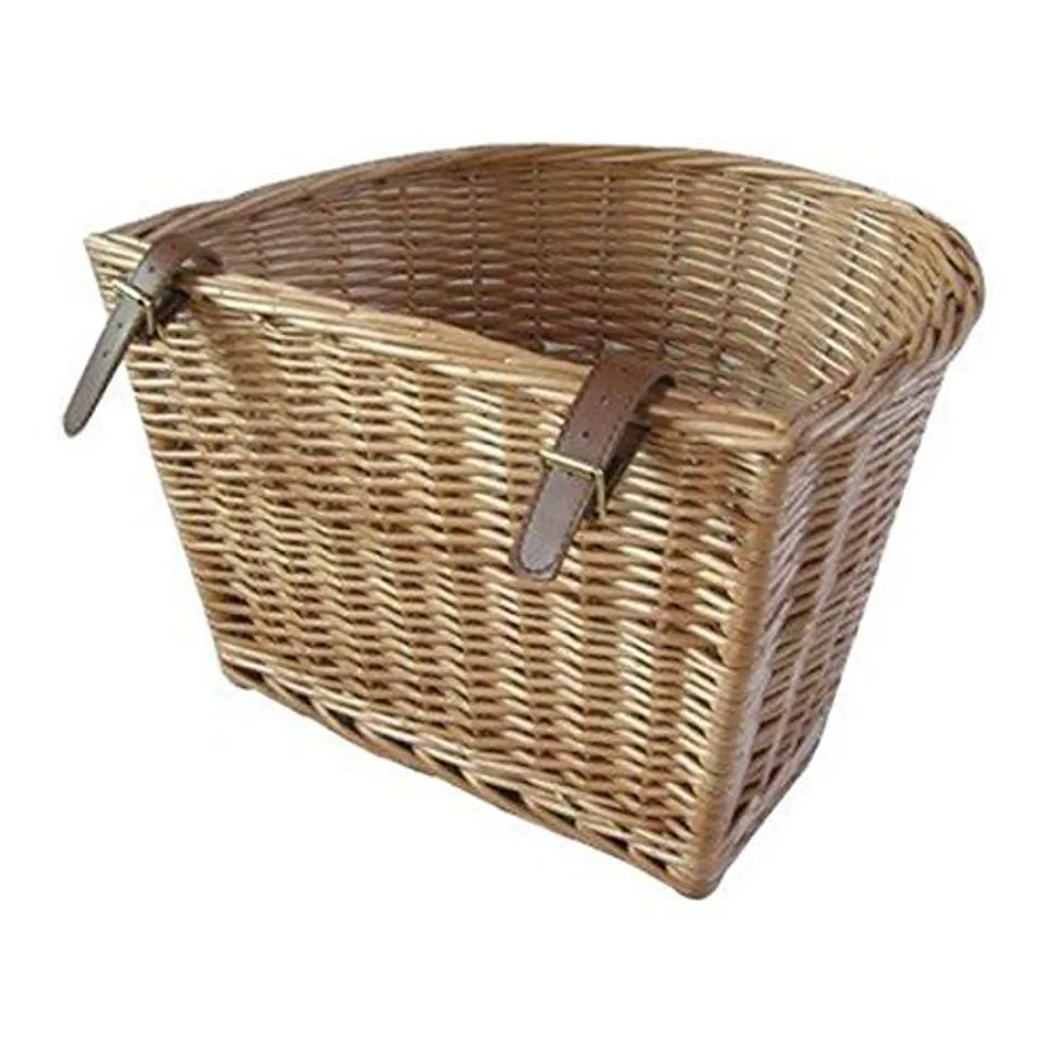 BOXED DISPLAY4TOP HANDMADE RETRO WHITE WICKER BICYCLE BASKET WITH BROWN LEATHER STRAPS