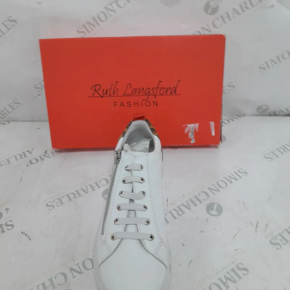 BOXED PAIR OF RUTH LANGSFORD TRAINERS IN WHITE LEOPARD PRINT SIZE 8