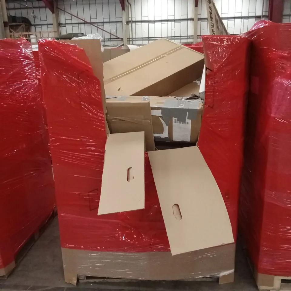 PALLET OF ASSORTED HOUSEHOLD GOODS AND PRODUCTS TO INCLUDE; LIGHTING PRODUCTS, BOXED FURNITURE ETC