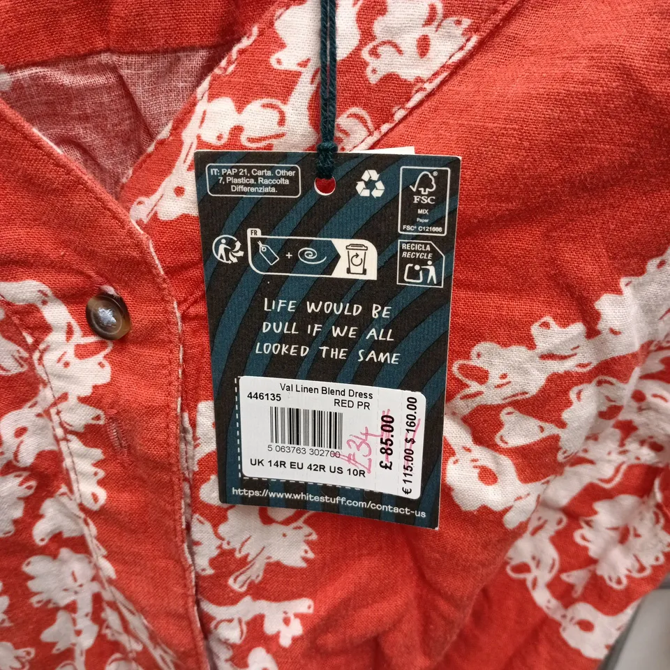 WHITE STUFF LINEN BLEND DRESS – RED FLORAL, UK 14R (EU 42R, US 10R)