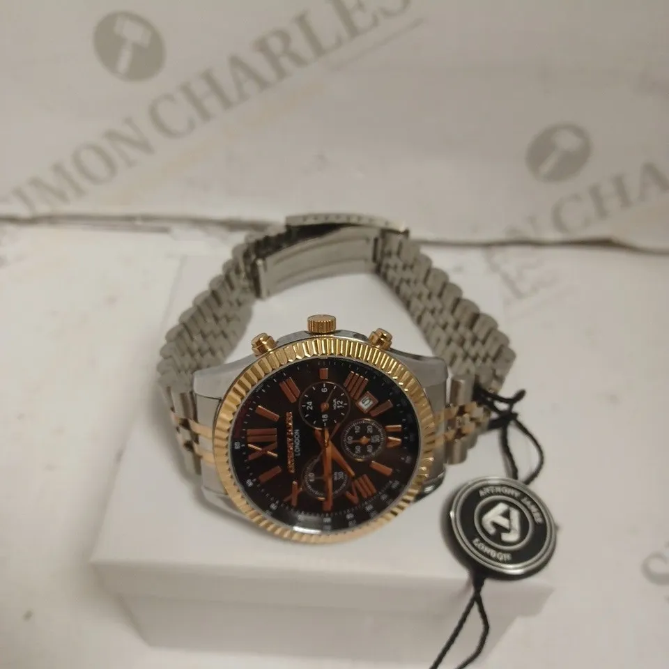 BOXED ANTHONY JAMES CHRONOGRAPH STAINLESS STEEL SPORTS WATCH - WATER RESISTANT. 