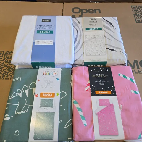 BOX OF APPROXIMATELY 9 ASSORTED BEDDING AND SOFT FURNISHING  ITEMS TO INCLUDE - WATERPROOF MATTRESS PROTECTOR DOUBLE , DINO DUVET SET SINGLE , DUVET SET SINGLE ETC