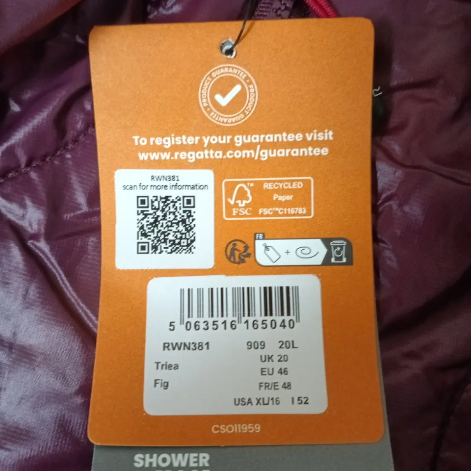 REGATTA GREAT OUTDOORS PURPLE WOMEN'S PUFFER JACKET, UK 20 (EU 46) SHOWERPROOF