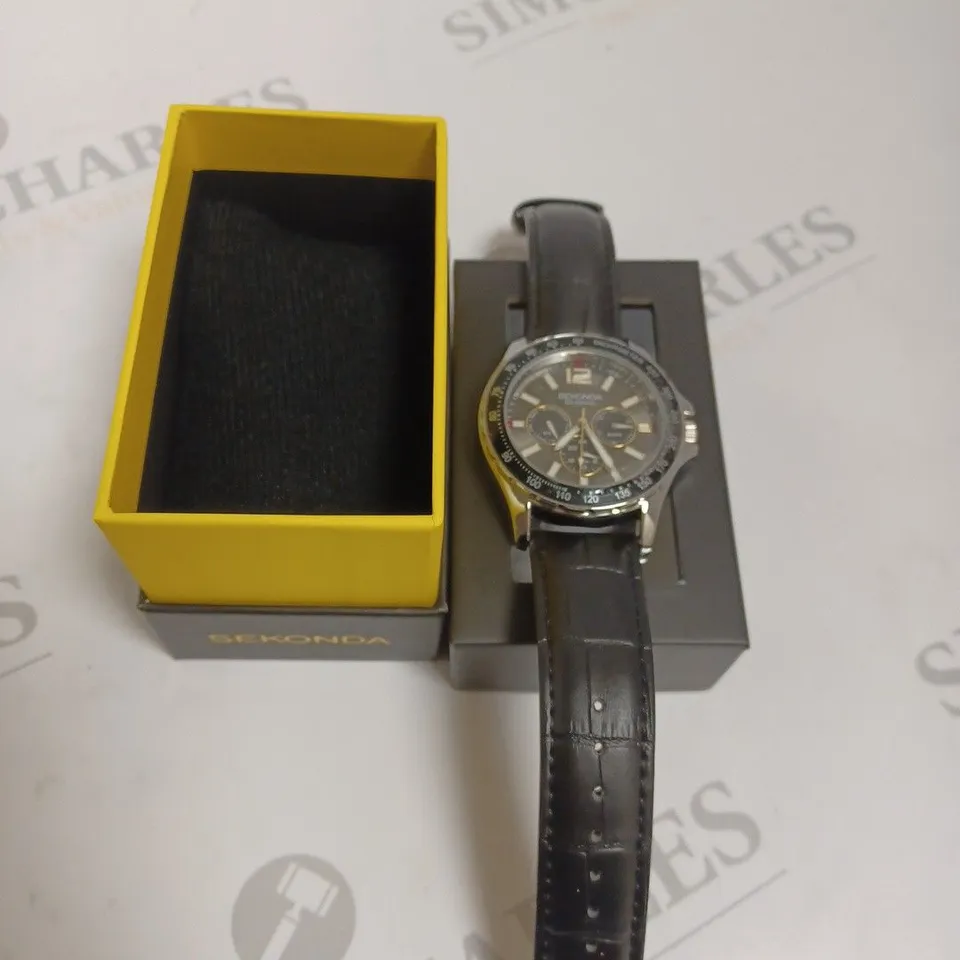 BOXED SEKONDA GENTS WATCH WITH GENUINE LEATHER - BLACK 