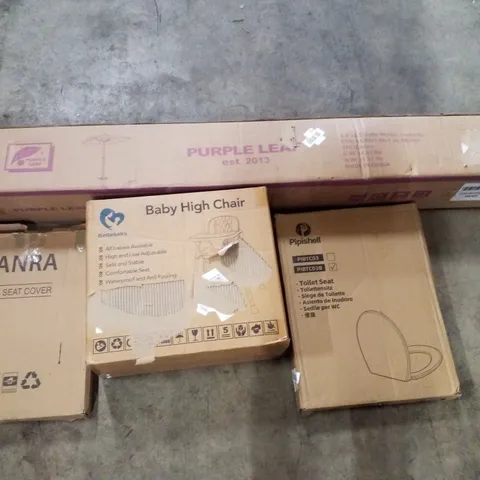 PALLET CONTAINING ASSORTED PRODUCTS INCLUDING PATIO MARKET UMBRELLA, TOILET SEAT & BABY HIGH CHAIR 