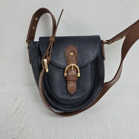 PAUL COSTELLOE LEATHER CROSSBODY BAG WITH FRONT POCKET IN NAVY/BROWN