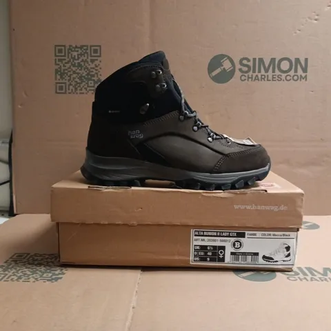 BOXED PAIR OF HANWAG ALTA BUNION II LADY GTX BOOTS IN MOCCA/BLACK SIZE UK 6.5