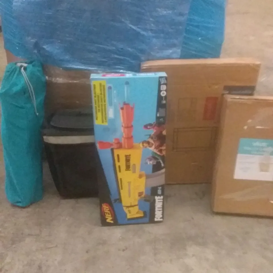 PALLET OF ASSORTED ITEMS INCLUDING TOILET SAFETY FRAME, FORTNITE NERF GUN, GLASS WINDOW MIRROR, CAMPING CHAIR