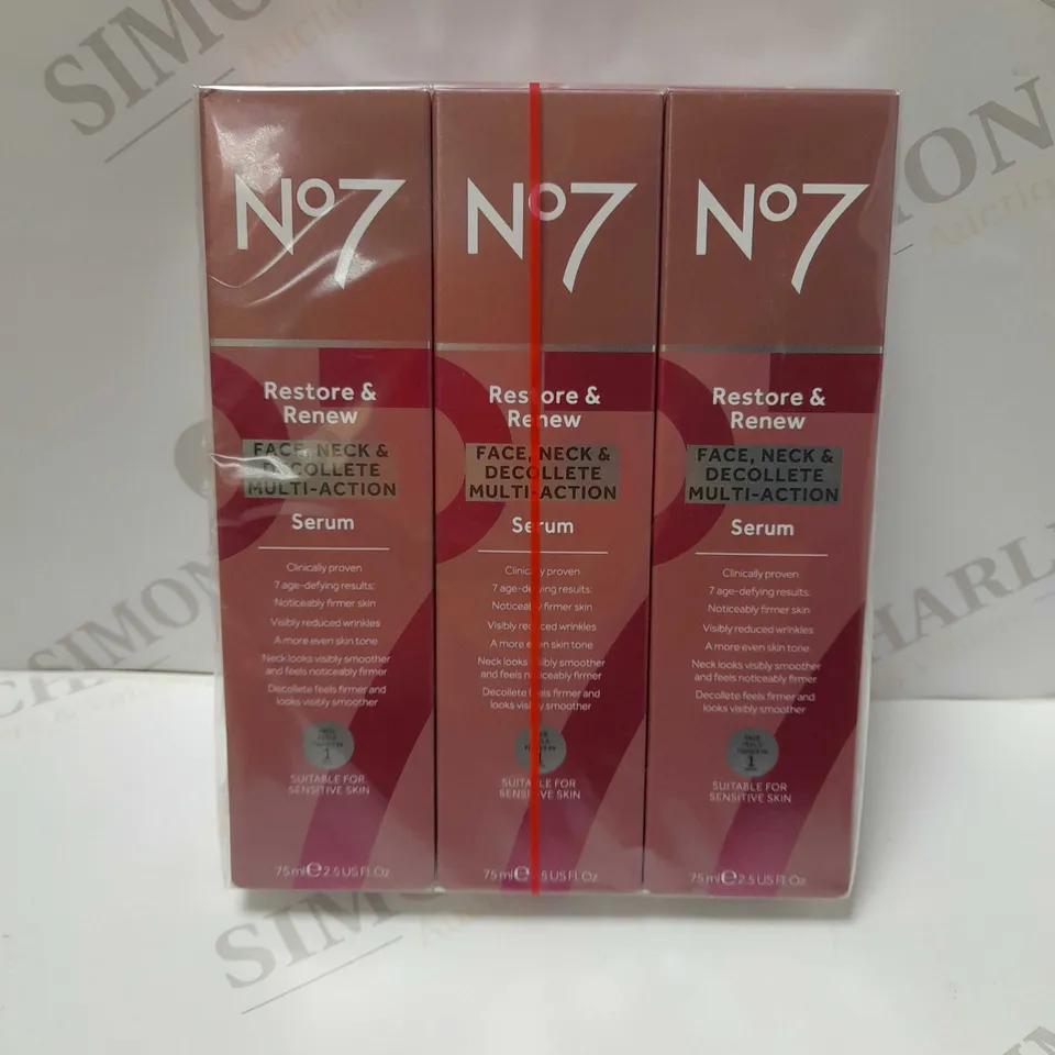 LOT OF 3 X 75ML NO7 RESTORE AND RENEW FACE, NECK & DECOLLETE MULTI ACTION SERUM