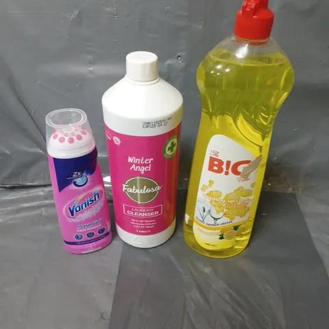 APPROXIMATELY 15 HOUSEHOLD LIQUIDS TO INCLUDE VANISH POWER GEL, FABULOSA LAUNDRY CLEANSER AND BIG VALUE WASHING UP LIQUID