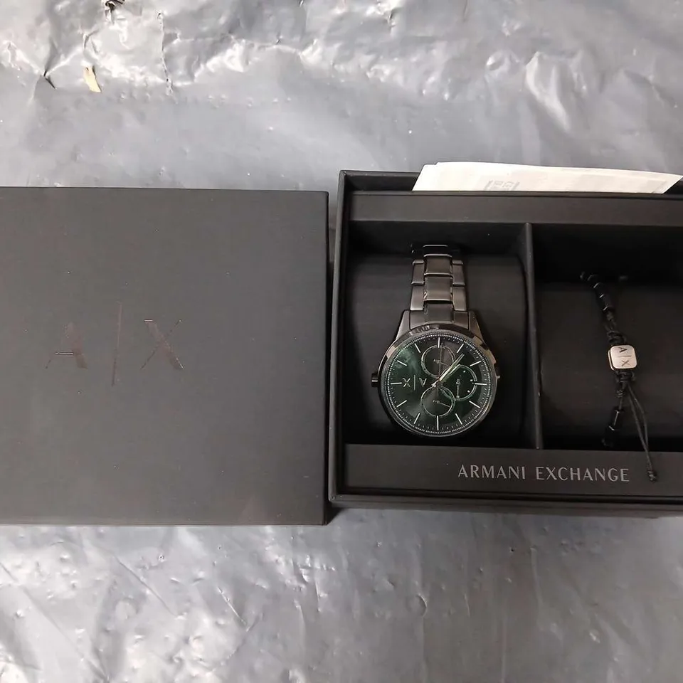 BOXED ARMANI EXCHANGE BLACK STAINLESS STEEL WATCH WITH BRACELET