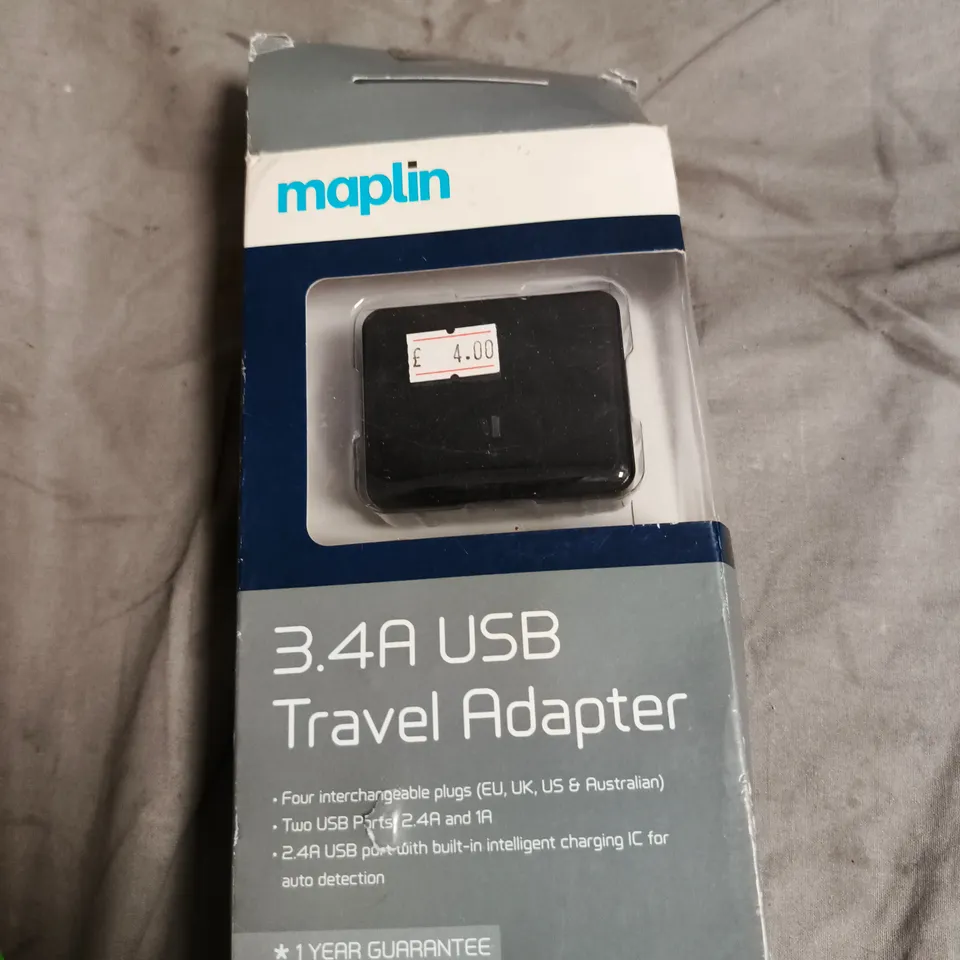 BOX OF APPROXIMATELY 40 ASSORTED ITEMS INCLUDING BLOCK PRINTING INK , TRAVEL ADAPTER AND BELKIN USB CAR CHARGER 