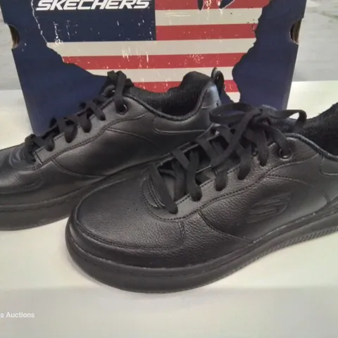 BOXED PAIR OF SKECHERS BLACK LEATHER TRAINERS - UK 6