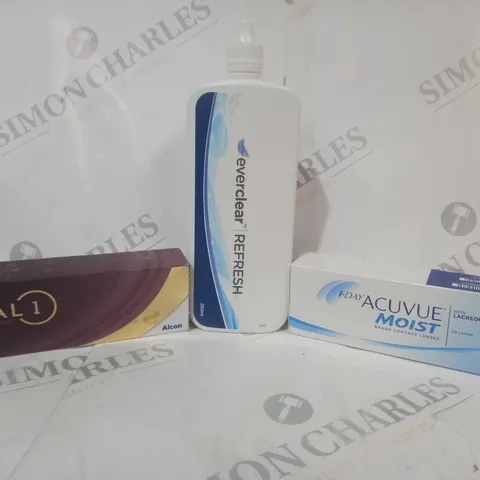 APPROXIMATELY 20 ASSORTED HOUSEHOLD ITEMS TO INCLUDE ALCON DAILIES TOTAL 1 CONTACT LENSES, ACUVUE MOIST CONTACT LENSES, ETC