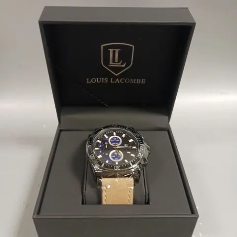 MENS LOUIS LACOMBE WATCH MULTI FUNCTION BLACK DIAL & CASE LEATHER STRAP WATCH