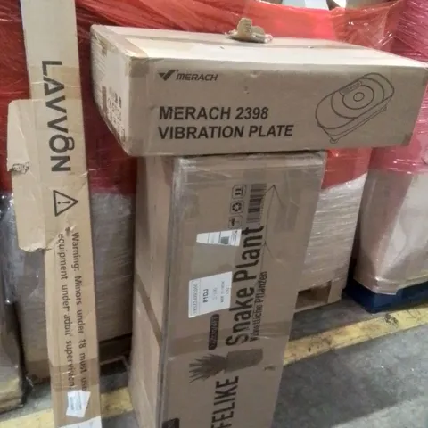 PALLET OF ASSORTED HOUSEHOLD GOODS AND PRODUCTS TO INCLUDE; GYM BAR,4FT PLANT POT,VIBRATION PLATE