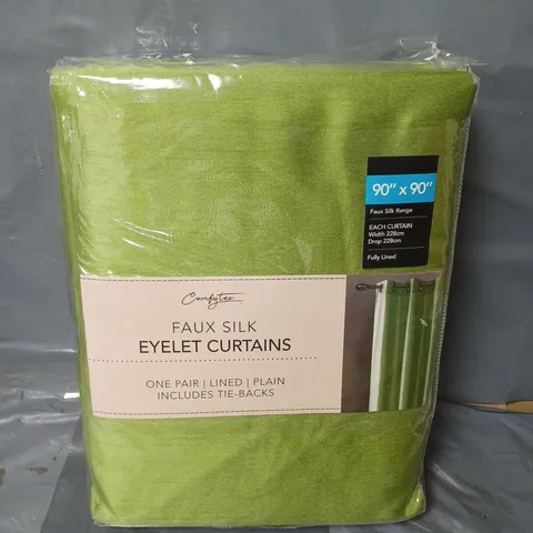 COMFYTEX FAUX SILK LINED EYLET CURTAINS - GREEN - 90" X 90"