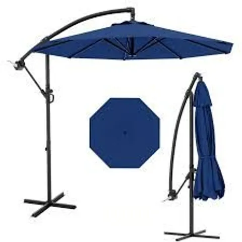 BOXED GARVEE DIAMETER 10FT NAVY BLUE CANTILEVER PARASOL WITH CRANK ADJUSTABLE TILT CROSS BASE UV50 PROTECTION OVERHANGING PATIO UMBRELLA FOR GARDEN PATIO