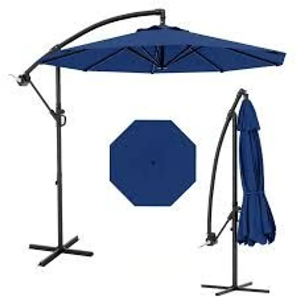 BOXED GARVEE DIAMETER 10FT NAVY BLUE CANTILEVER PARASOL WITH CRANK ADJUSTABLE TILT CROSS BASE UV50 PROTECTION OVERHANGING PATIO UMBRELLA FOR GARDEN PATIO