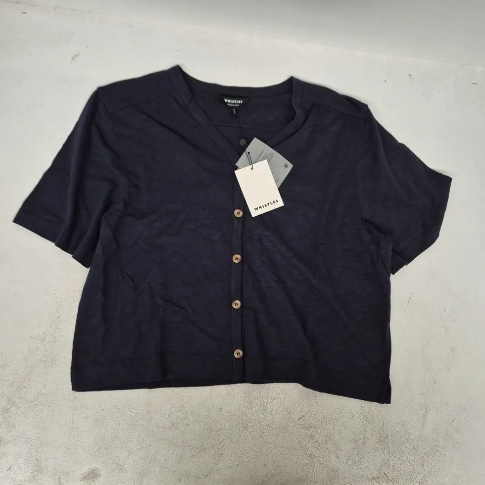 WHISTLES ELLA V-NECK BUTTON THROUGH TEE IN MIDNIGHT NAVY SIZE MEDIUM
