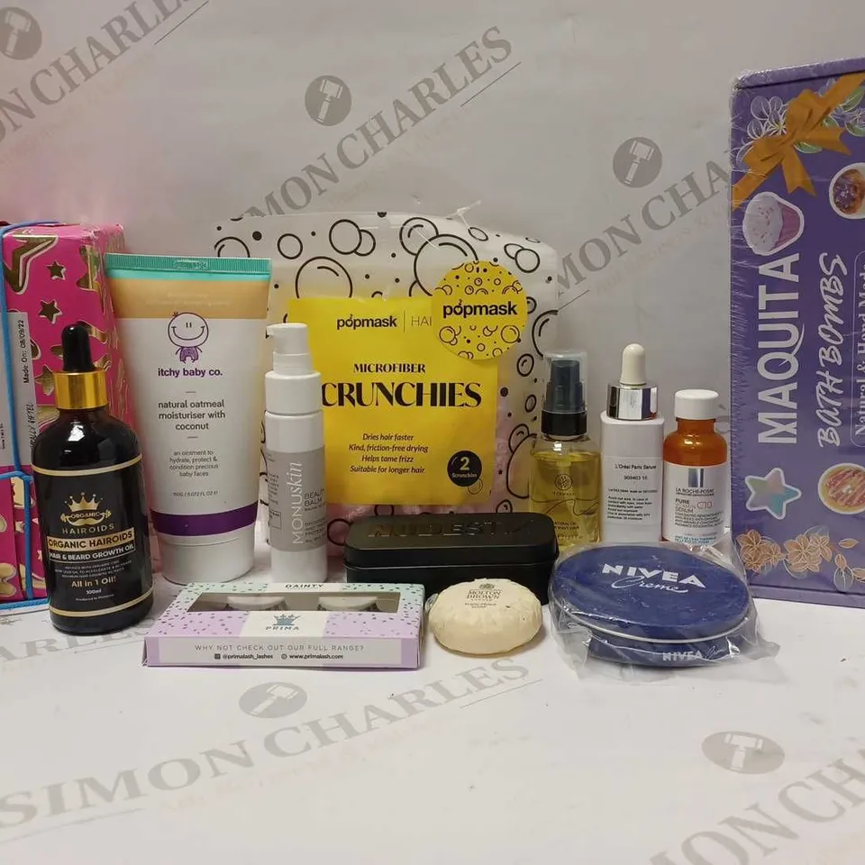 LOT OF APPROX 10 ASSORTED BEAUTY PRODUCTS TO INCLUDE ITCHY BABY MOISTURISER, POP MASK SCRUNCHIES, MERWAVE HAIR OIL, ETC 